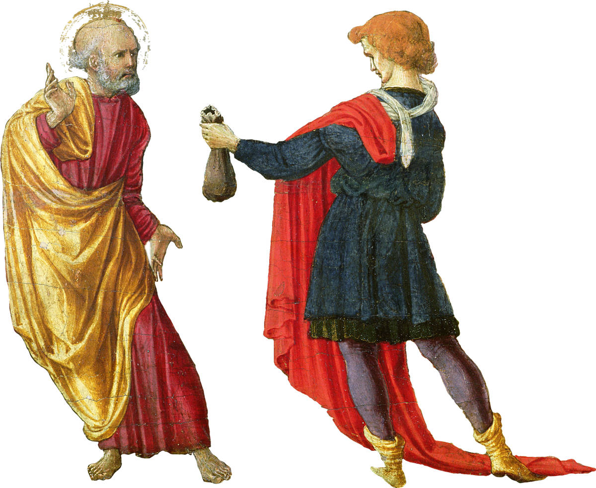 Simon Magus offering money to Peter